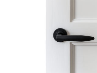 Door with doorknob. Simple minimalist open door with black knob. Isolated transparent PNG background. Opened door concept. Closing the door. Opening the door. Slim black door knob on white door.