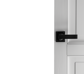Door with doorknob. Simple minimalist open door with black knob. Isolated transparent PNG background. Opened door concept. Closing the door. Opening the door. Hard edged knob handle on a white door. 