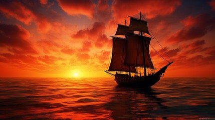 Boat silhouette against a fiery sunset at sea - obrazy, fototapety, plakaty