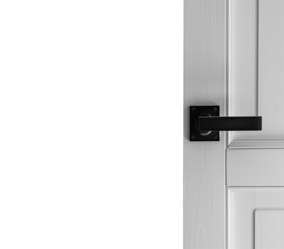 Door with doorknob. Simple minimalist open door with black knob. Isolated transparent PNG background. Opened door concept. Closing the door. Opening the door. Hard edged knob handle on a white door. 
