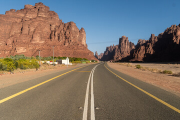 The road to Wadi Al Disah, a famous stunning canyon and oasis near Tabuk in Saudi Arabia in the...