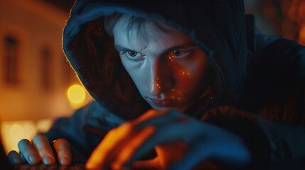 Hacker: Dressed in a hoodie, face partially obscured by the screen's glow, fingers flying across a...