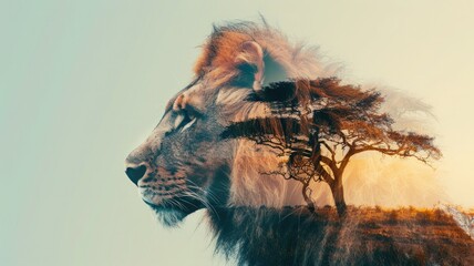 Photographing a lion and the African savanna with double exposure - obrazy, fototapety, plakaty
