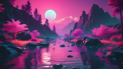 Muurstickers Mountains, Rivers, Trees, Moonlight, Sunsets, and Fields of Green © Faizy_Designer