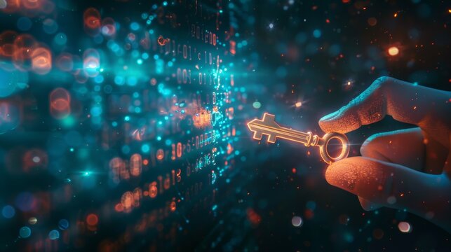 A hand holding a glowing key shaped like a chain unlocks a massive digital code, symbolizing secure access to the future of technology 
