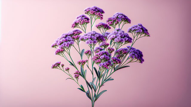 Purple limonium flowers on pink background. Statice plat flowers in bloom on light pink background. Concept of Spring and Summer.