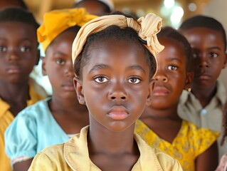 A group of children are standing in a line, one of them wearing a yellow headband. The children are all dressed in bright colors, and the overall mood of the image is cheerful and lively