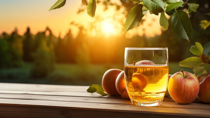 A glass of golden apple cider is accompanied by ripe, red apples on a rustic wooden table, with a warm sunset and apple orchard in the background. Free copy space banner. - obrazy, fototapety, plakaty