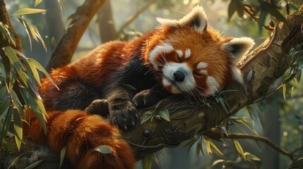 Photorealistic masterpiece  red panda in bamboo tree with fluffy tail, sunbeams illuminating scene