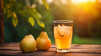 A glass of crisp pear cider accompanied by ripe pears on a rustic wooden table, with the warm glow of a sunset filtering through the leaves. - obrazy, fototapety, plakaty