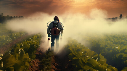 Farmer applying insecticide products on potato crop, Abundant green foliage, healthy leaves in potato crop, man with personal protective equipment for pesticide application, PPE agro - obrazy, fototapety, plakaty