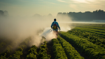 Farmer applying insecticide products on potato crop, Abundant green foliage, healthy leaves in potato crop, man with personal protective equipment for pesticide application, PPE agro - obrazy, fototapety, plakaty