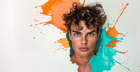 Handsome young man's head emerges from splashes of orange and teal paint on white background.