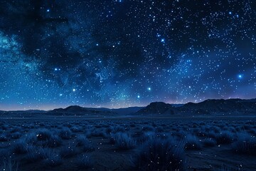 Starry night over the desert, photorealistic sky, vibrant stars, natural darkness ,3DCG,clean sharp focus - obrazy, fototapety, plakaty