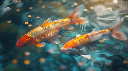 Surreal, there are two golden fish made of foil on the sparkling white water - obrazy, fototapety, plakaty