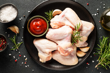 Chicken wing, raw chicken meat with herbs. - 775006343