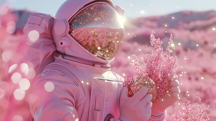 Astronaut holding a plant in a pink fantasy landscape - obrazy, fototapety, plakaty