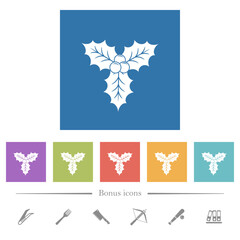 Christmas holly with berries flat white icons in square backgrounds