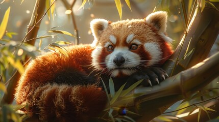 Realistic red panda in bamboo tree  a photorealistic masterpiece capturing endearing charm
