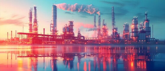 Oil refinery plant with pipelines and storage tanks emitting pollution producing and exporting petroleum products. Concept Pollution, Petroleum Products, Oil Refinery Plant, Exporting, Storage Tanks - obrazy, fototapety, plakaty