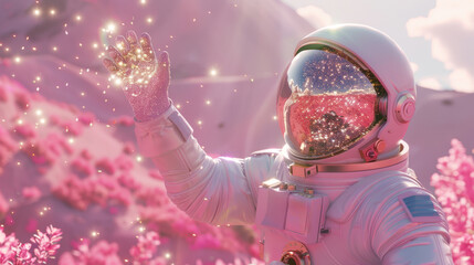 Astronaut waves hello with sparkling lights in a surreal landscape