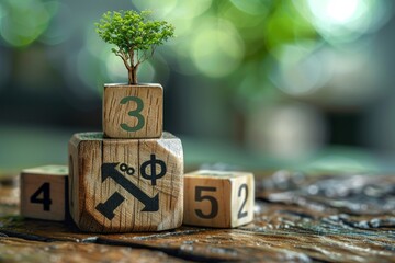 Money stacks with percentage icon on wooden dice, topped with a growing tree and upward arrow in green bokeh, symbolizing ecofriendly investment and world saving