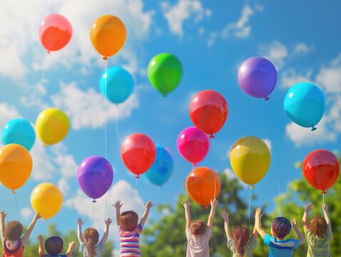 A group of children are holding balloons and jumping in the air. The balloons are in various colors, including red, blue, yellow, and green. Concept of joy and excitement