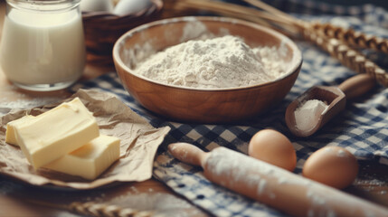 A wooden bowl of flour, eggs, a jug of milk, and a block of butter with a rolling pin on a checkered cloth signify baking preparation.