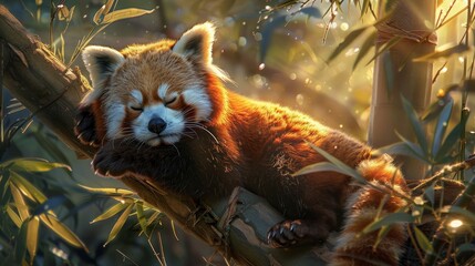 Adorable red panda in bamboo tree  photorealistic masterpiece of fluffy tailed charm