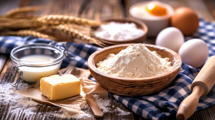 Fototapeta na wymiar A wooden bowl of flour, eggs, a jug of milk, and a block of butter with a rolling pin on a checkered cloth signify baking preparation.