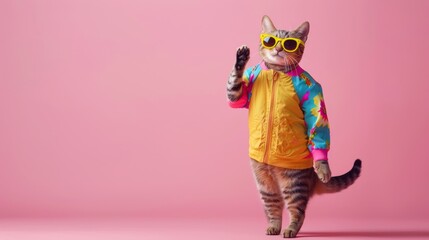 Fashionable cat waves hello wearing sunglasses and a colorful jacket