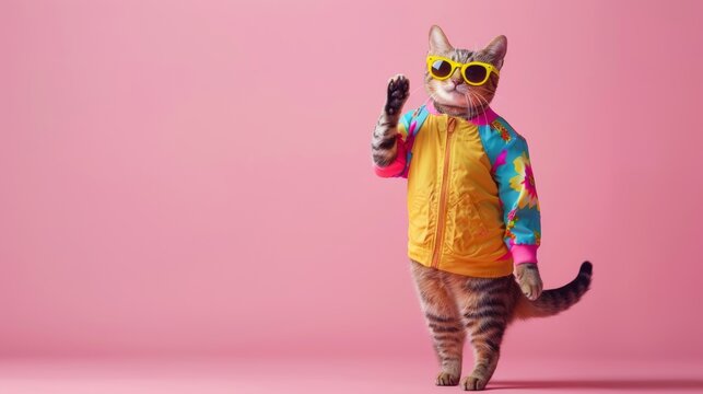 Fashionable cat waves hello wearing sunglasses and a colorful jacket