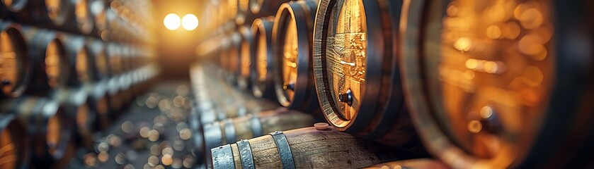 Vintage Winemaking Cellar with Barrels in Soft Focus
