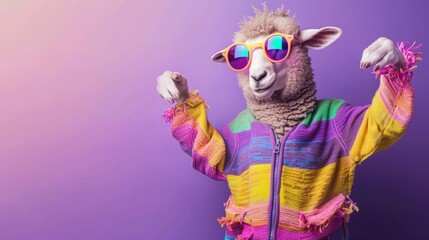 Fototapeta premium Stylish llama dancing wearing colorful clothes and sunglasses