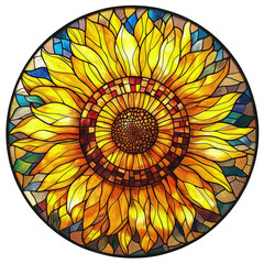 A stained glass flower with yellow petals and green leaves
