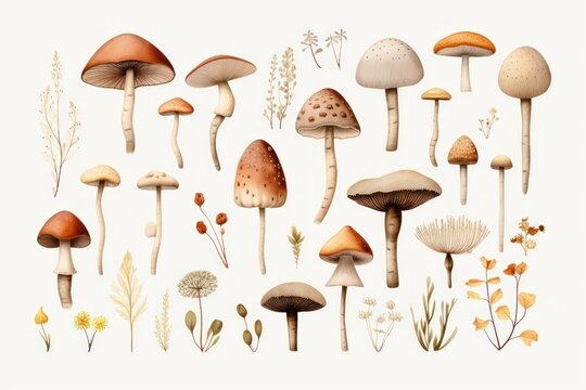 Watercolor mushrooms set isolated on white background.