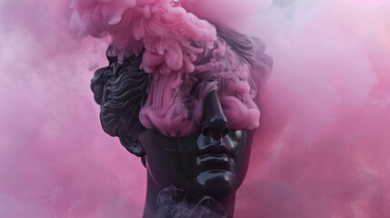 Bust of a classical statue with pink smoke