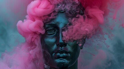Sculpture man head with pink smoke