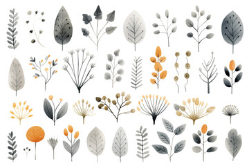 Set collection illustration watercolor autumn leaves and branches on transparent background.