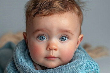 A baby with blue eyes and a blue scarf around its neck