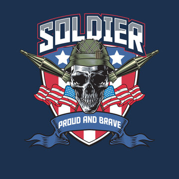 Vector Illustration of Skull Wearing Soldier Helmet with American Flag and Two Bazooka with Vintage Illustration Available for Logo Badge