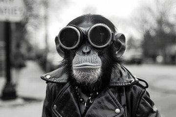a black and white photo of a monkey wearing goggles and a leather jacket with a sign in the background. - obrazy, fototapety, plakaty