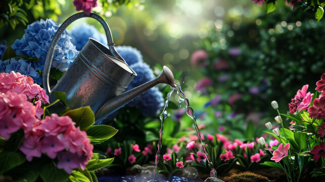 A watering can is pouring water over blooming hydrangeas.