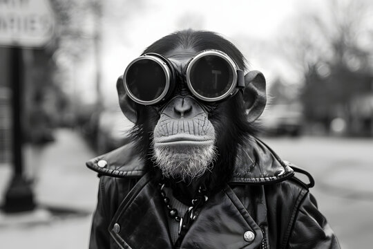 a black and white photo of a monkey wearing goggles and a leather jacket with a sign in the background.