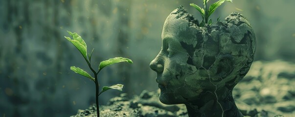 Sculpture of a human head with emerging plant - obrazy, fototapety, plakaty