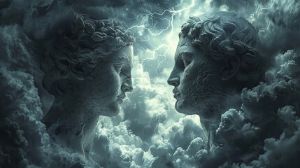 Sculpture man and woman heads in the clouds with lightning - obrazy, fototapety, plakaty