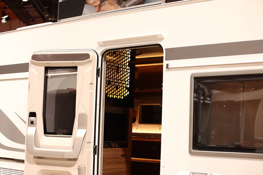 Caravan door. Car camper entrance. Design of a modern house on wheels