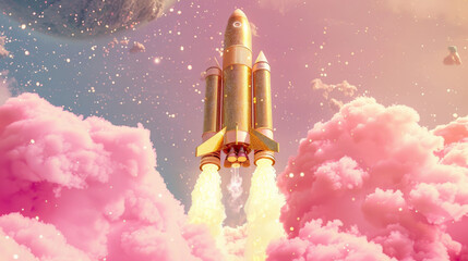 Golden rocket launch among pink clouds