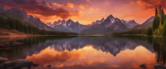 A breathtaking sunrise over the mountains near Lake captures the serene beauty of nature with warm hues in the sky and reflections on the water. The silhouette of mountain peaks adds to its grandeur.