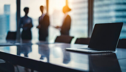 Blurred silhouettes of businesspeople in dark meeting room with large windows